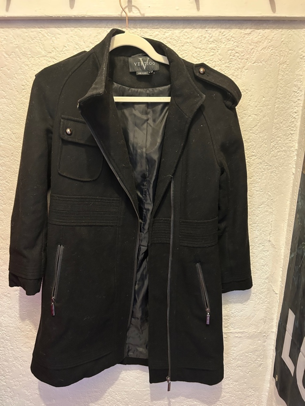 Vertigo Paris Black Military-Style Wool Blend Pea Coat